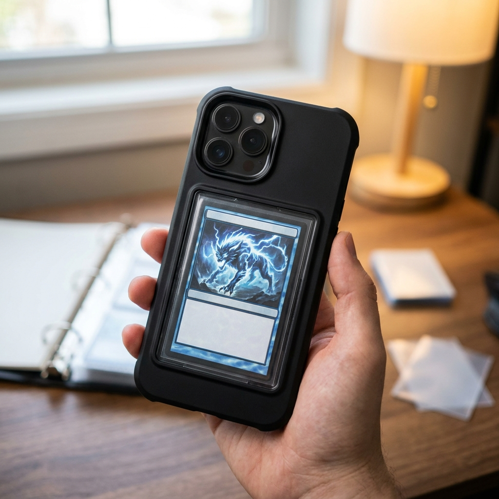 Coque iPhone noir mat porte-carte tenue en main