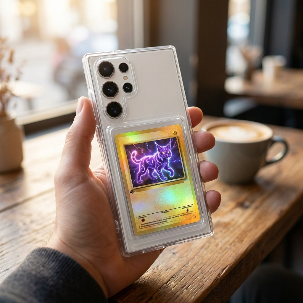 Coque Samsung Galaxy S25 Ultra transparente avec une carte à collectionner holographique exposée au dos