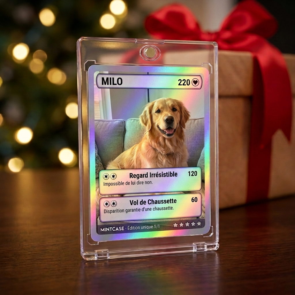 Carte à collectionner personnalisée holographique avec la photo d'un golden retriever, dans un étui magnétique devant un cadeau de Noël