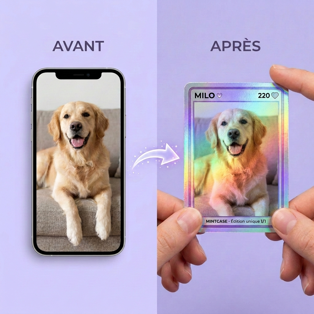 Avant / après : la photo d'un chien imprimée sur une carte holographique personnalisée