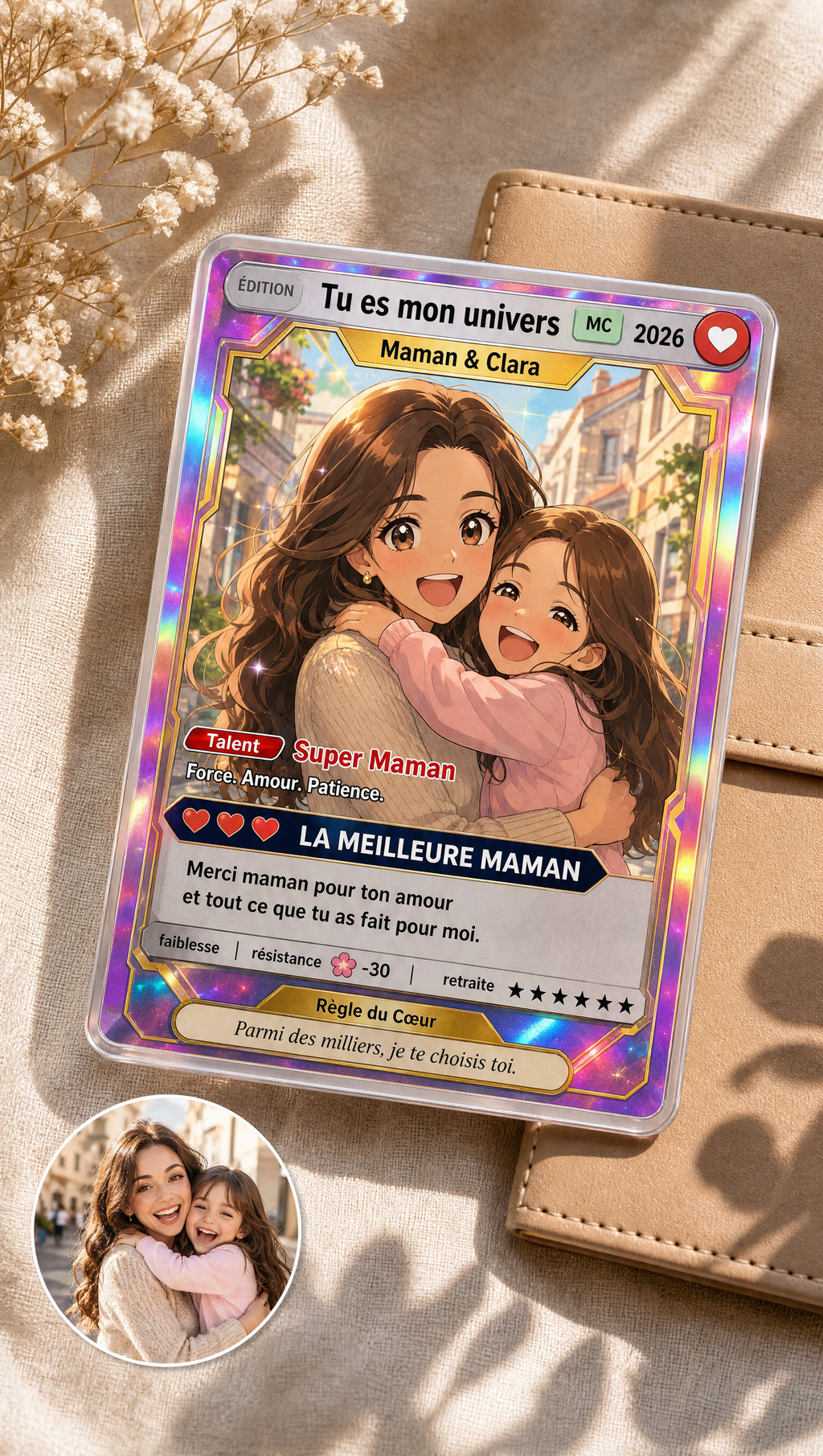 Carte personnalisée style anime d'une maman et sa fille, posée à côté de la photo d'origine