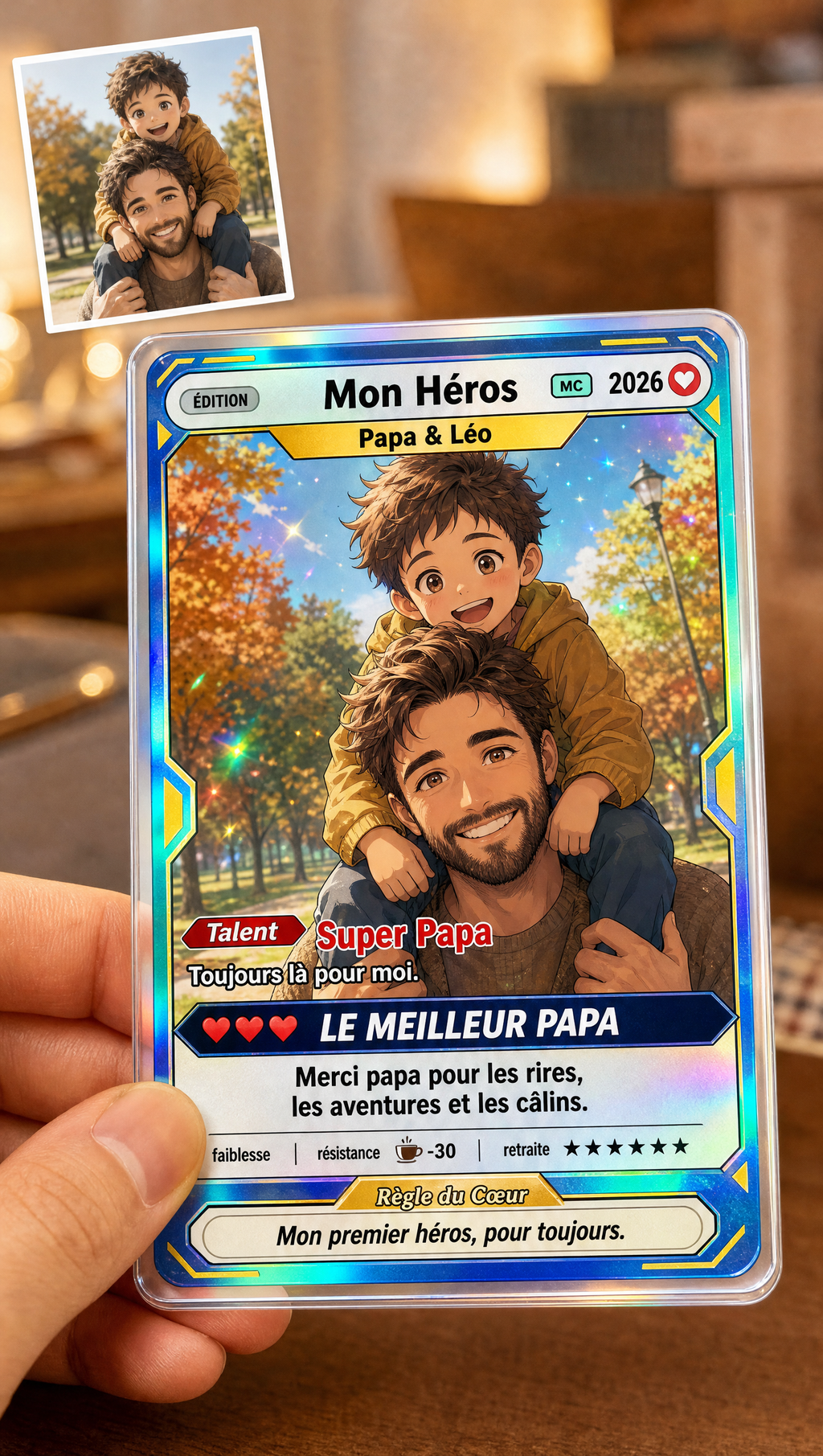 Carte personnalisée d'un papa et son fils tenue en main, avec la photo d'origine
