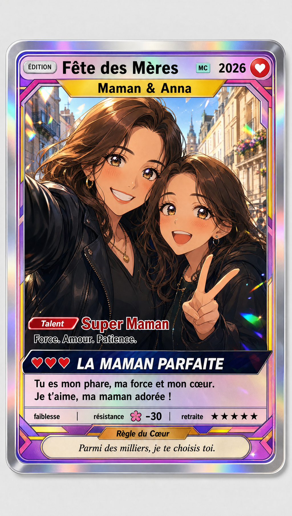 Carte personnalisée Fête des Mères vue de face, finition holographique