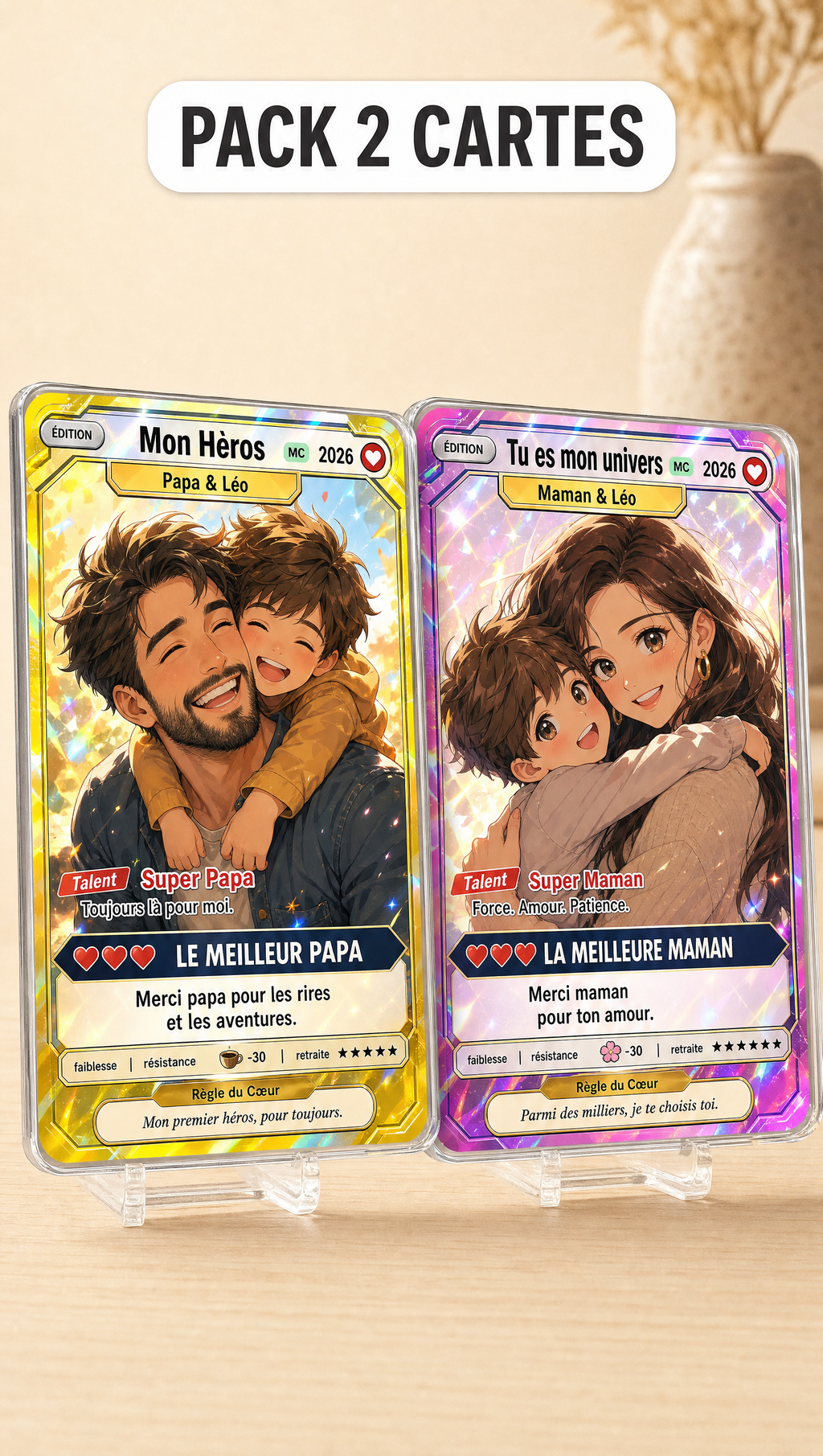 Pack de 2 cartes personnalisées papa et maman sur leurs supports