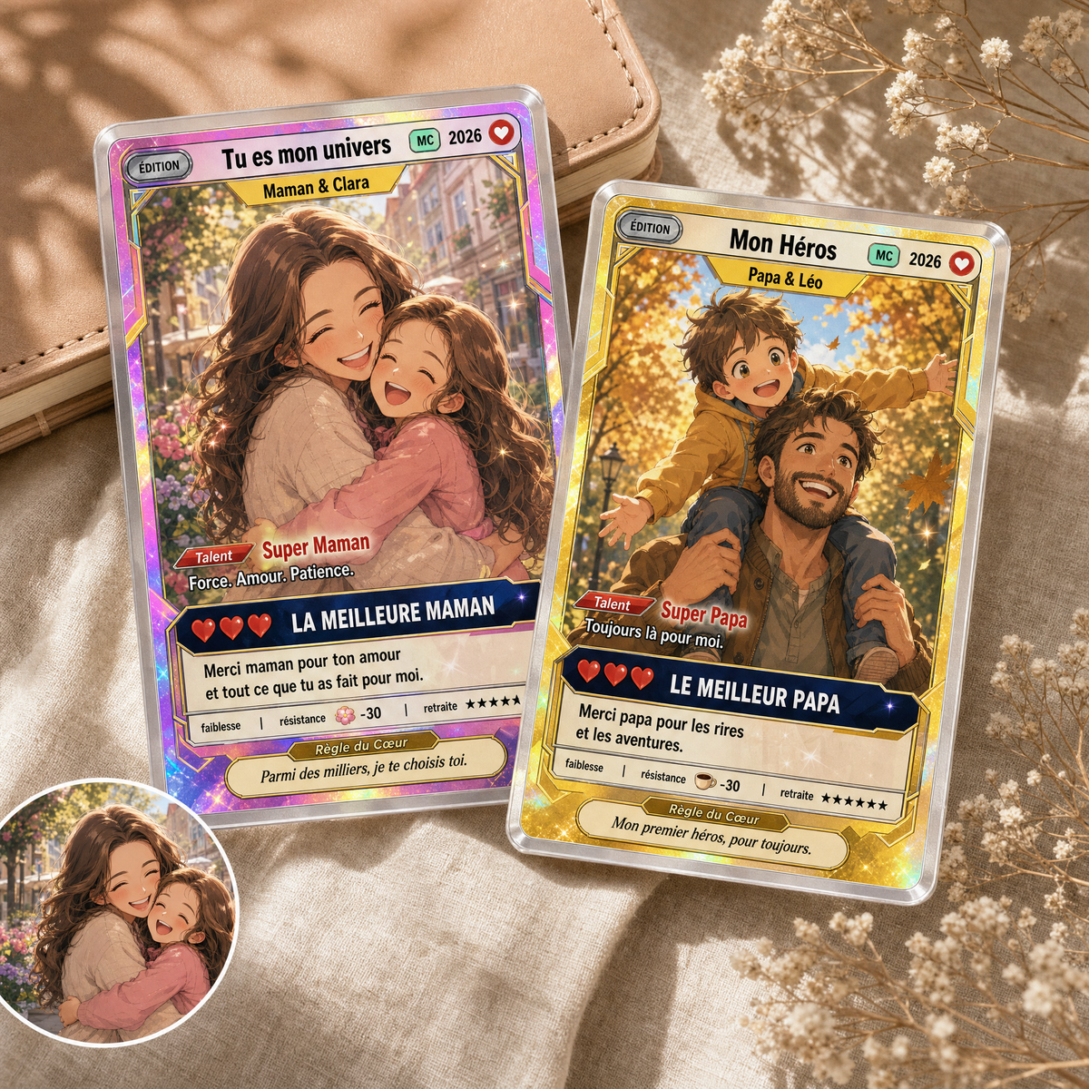 Cartes personnalisées style anime maman et papa posées sur un tissu en lin, avec la photo d'origine