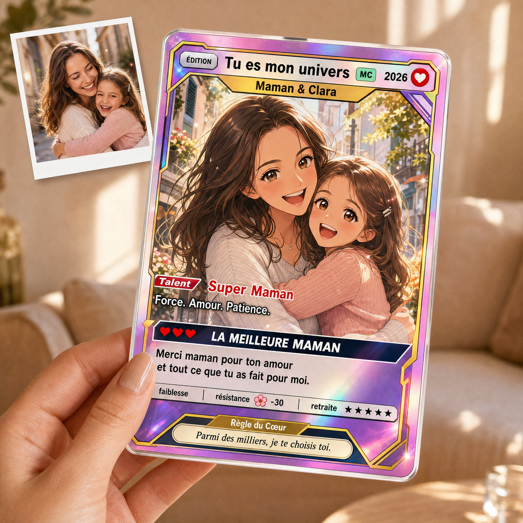 Carte personnalisée d'une maman et sa fille tenue en main, avec la photo d'origine