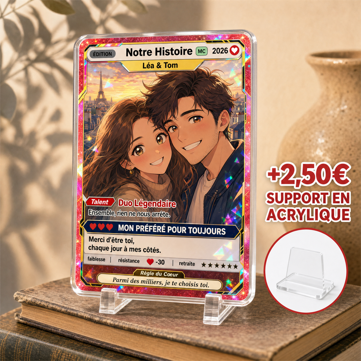 Carte personnalisée d'un couple sur son support en acrylique, option +2,50 €