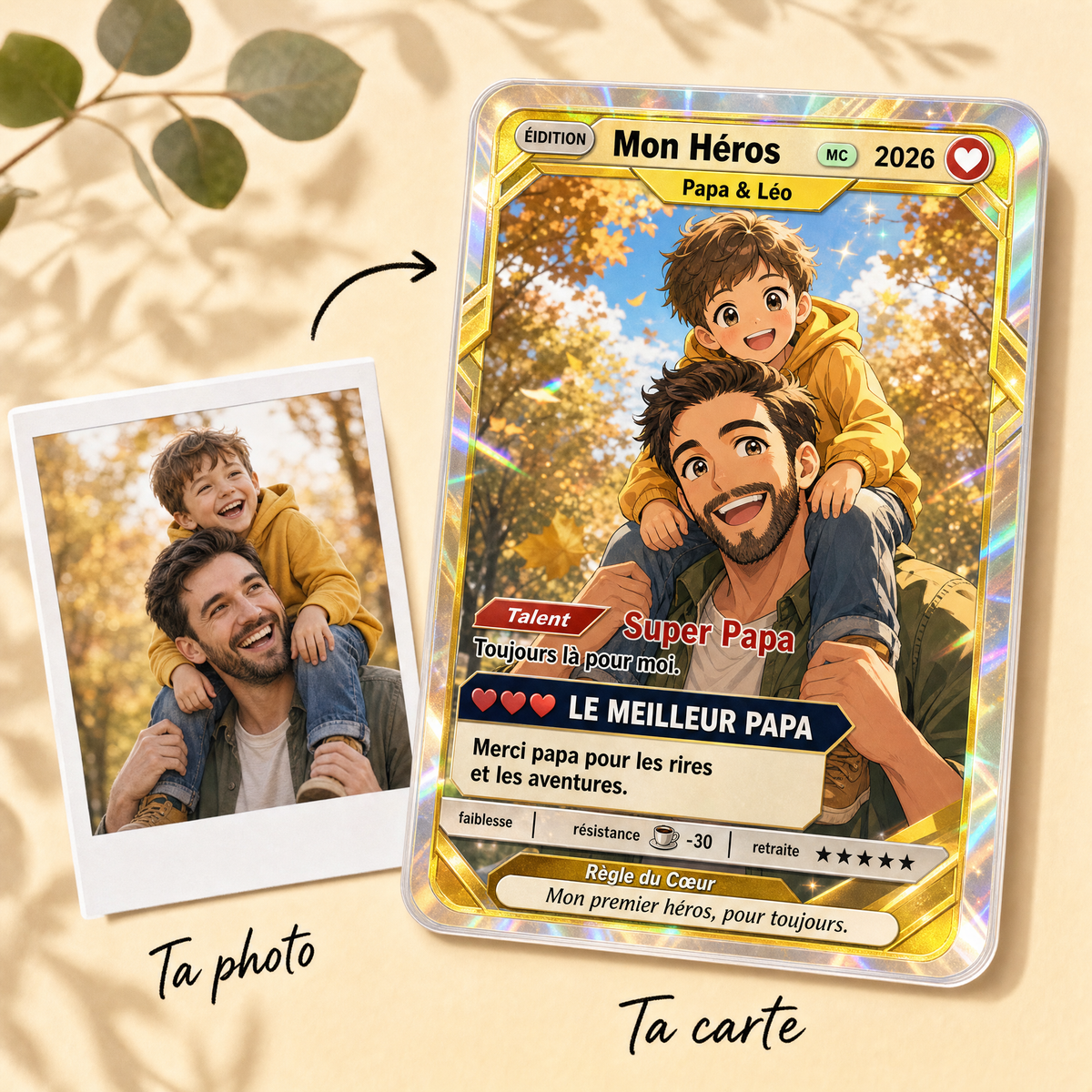 Avant / après : la photo d'un papa et son fils transformée en carte personnalisée