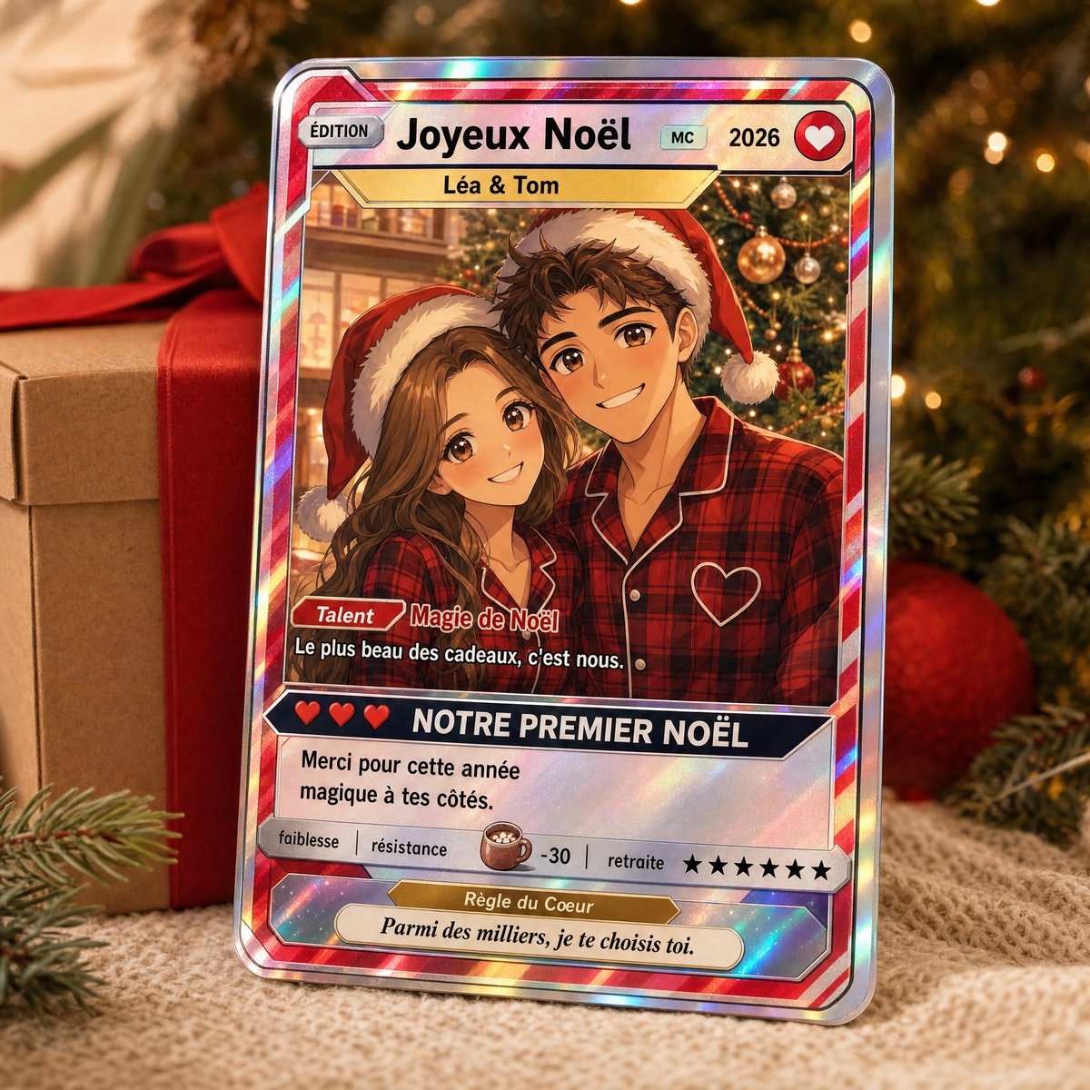 Carte personnalisée de Noël d'un couple devant le sapin